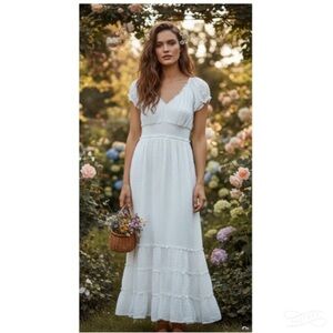 Betsey Johnson Clip Dot Swiss Dot Smocked Milkmaid Maxi Dress White Sz XL